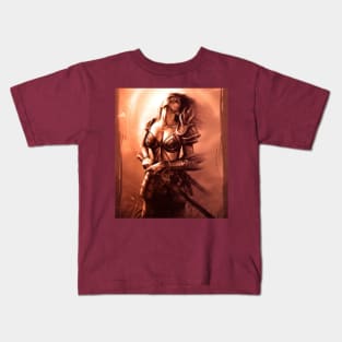 Fantasy Artwork - Warrior Woman in Sepia Tone Kids T-Shirt